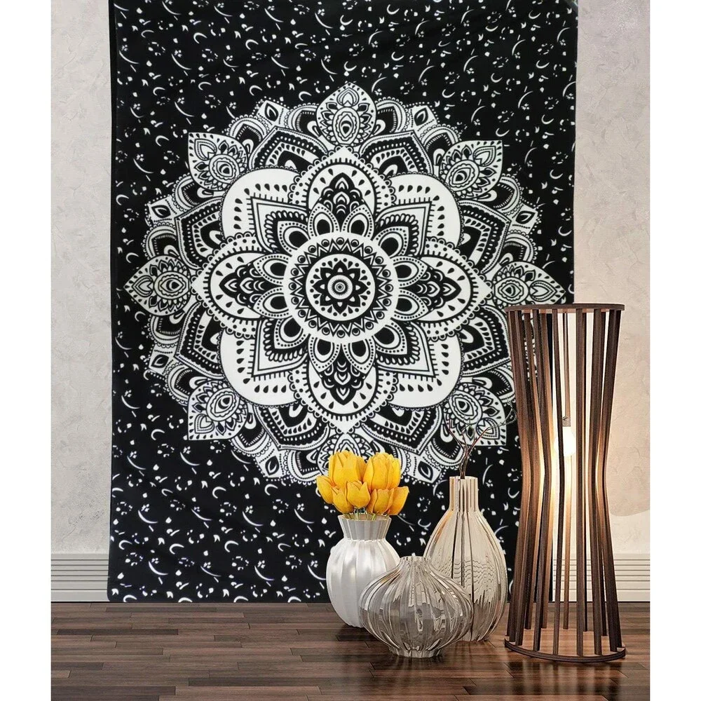 Mandala Tapestry Wall Hanging Black & Gray Wall Art Floral Decorative 51x59 Inch